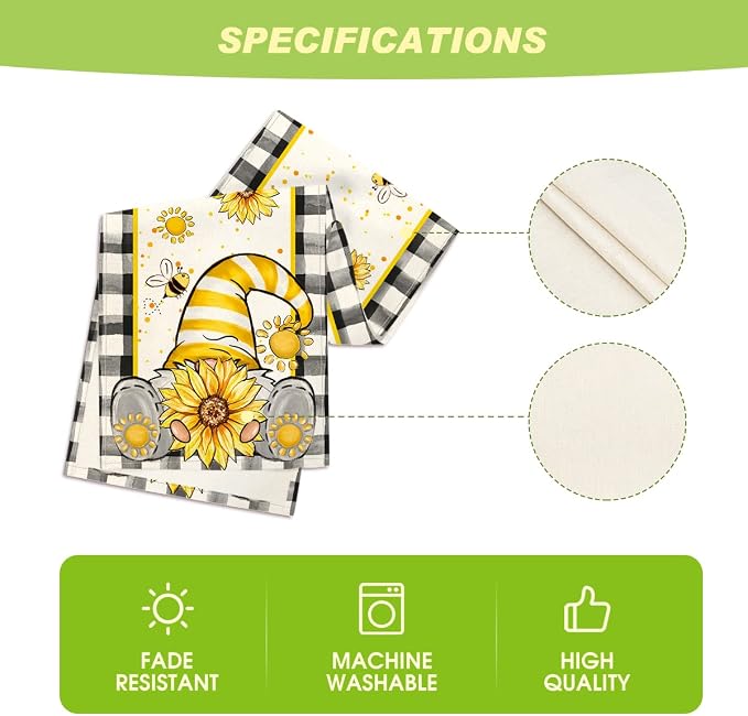 Artoid Mode Buffalo Plaid Sunflower Gnome Bee Summer Table Runner, Seasonal - Image 5