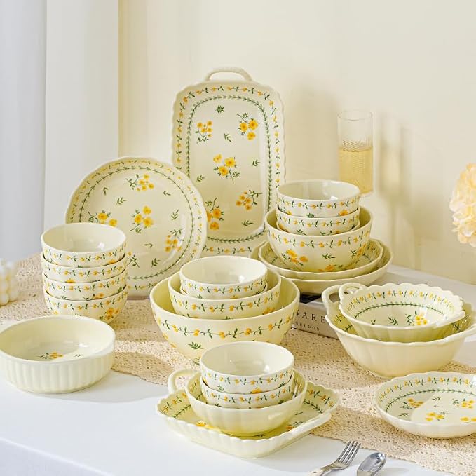 Ceramic Dinnerware Set, Floral Plates and Bowls Sets, Microwave & Dishwasher - Image 7
