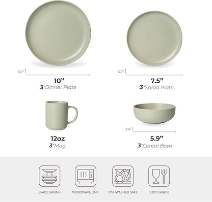 12-Piece Matte Green Dinnerware Set,Stoneware Dinnerware for 3, Microwave & Dishwasher Safe, Stackable Design for Kitchen and Dining - Plates,Bowls and Mugs