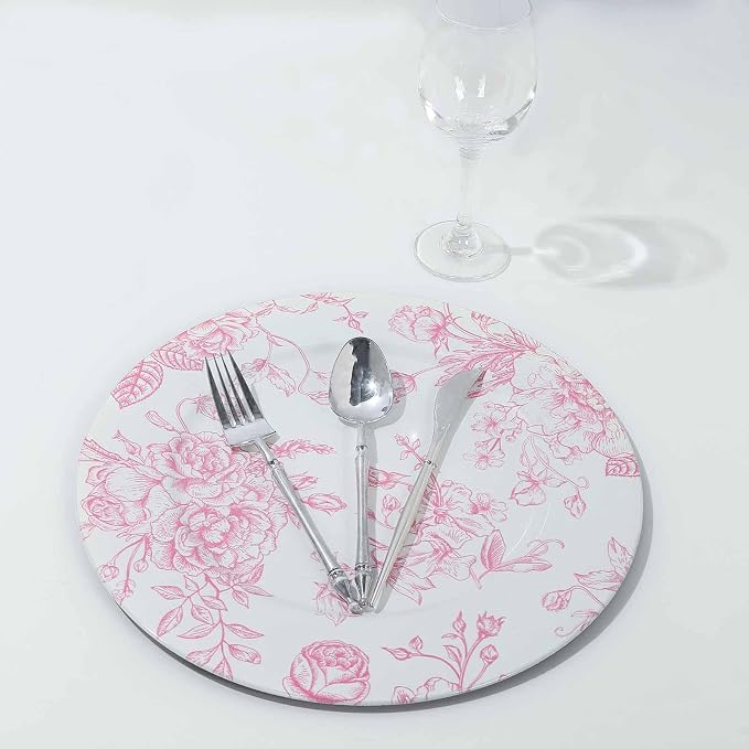 Efavormart 6 Pack White Pink Floral Acrylic Charger Plates in French Toile - Image 6