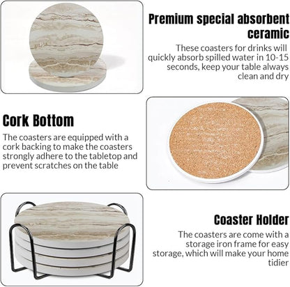 Ceramic Coasters Set of 6, Marble-Textured Design with Holder - Absorbent Cork-Backed Coasters for Cups, Bar & Coffee Table Decor Accessories (Khaki Marble, 4 Pack)