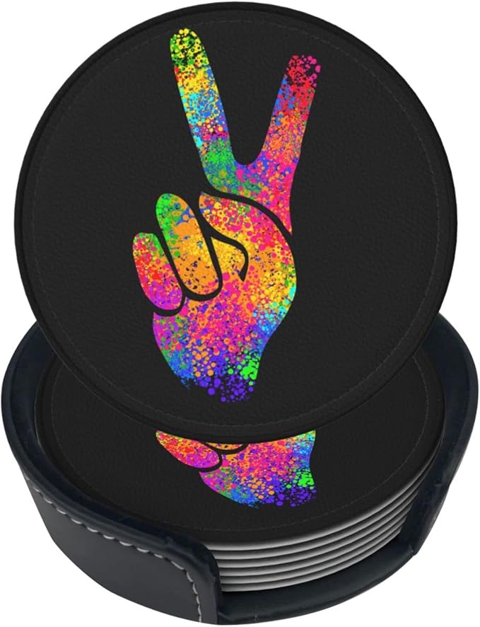 6 Pcs Hippie Two Fingers Symbols Peace Sign Leather Coasters by NiuKom