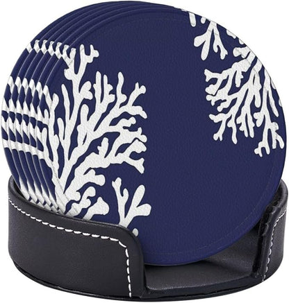6 Pcs Coral Navy Blue Nautical Coastal Ocean Theme Marine Leather Coasters - Image 6
