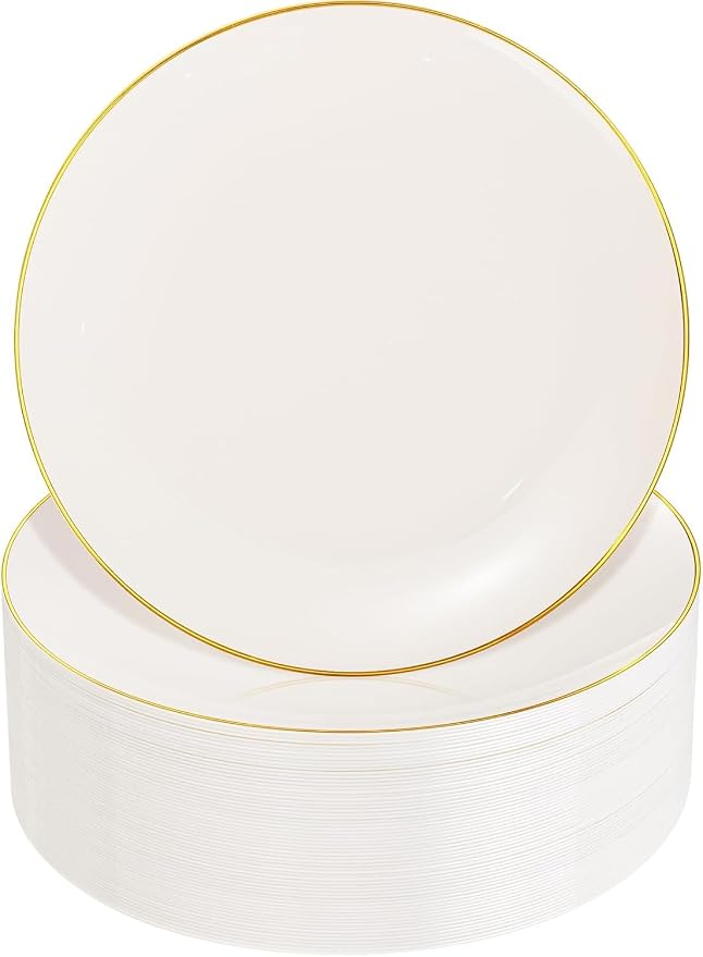 Nervure 100PCS Ivory and Gold Plastic Plates 10.25″ Disposable Dinner Plate | by Nervure