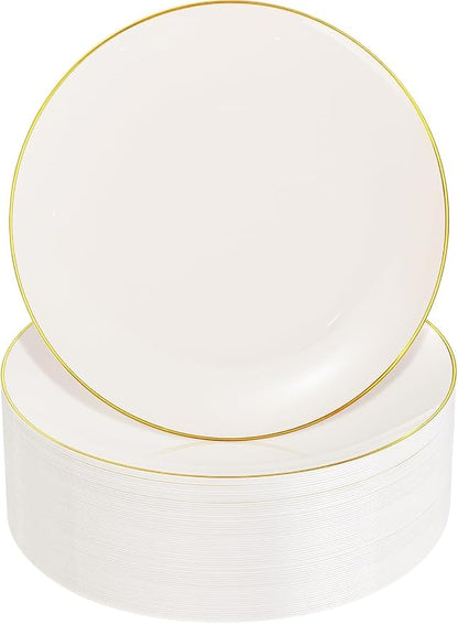 Nervure 100PCS Ivory and Gold Plastic Plates 10.25″ Disposable Dinner Plate | by Nervure