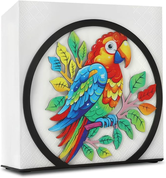 Modern Napkin Holder for Table Decor,Black Metal Napkin Dispenser fit Tissue Mail Bills Paper Towel Holders,Parrot Bird Tropical Napkin Holder,Napkin Stand for Home Kitchen Dining Restaurant Cocktail