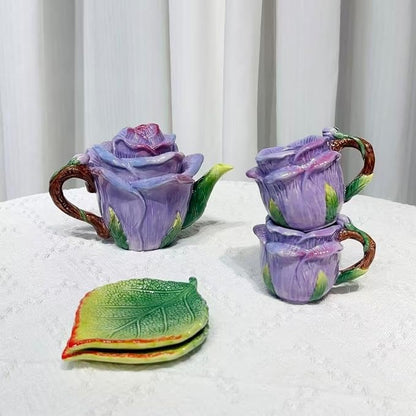 Ceramic Rose Tea Pot Set, 3D Hand-painted Rose Flower Cup and Green Leaves - Image 4