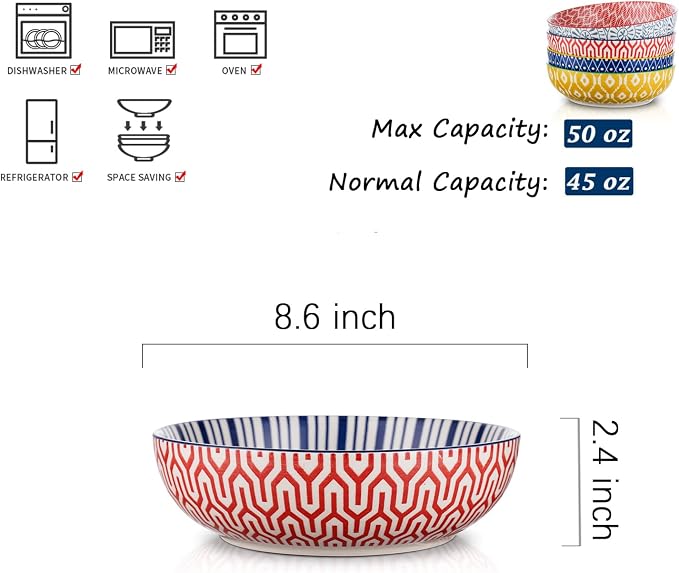 Selamica Ceramic 50 Ounce Pasta Bowls Set of 4, 8.6 Inch Large Salad Bowls - Image 2