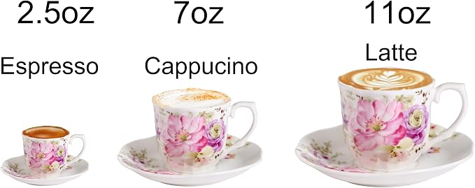 GuangYang 7 oz Porcelain Tea Cups and Saucers Set of 6, Cappuccino, - Image 4