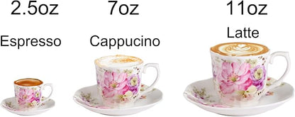GuangYang 7 oz Porcelain Tea Cups and Saucers Set of 6, Cappuccino, - Image 4
