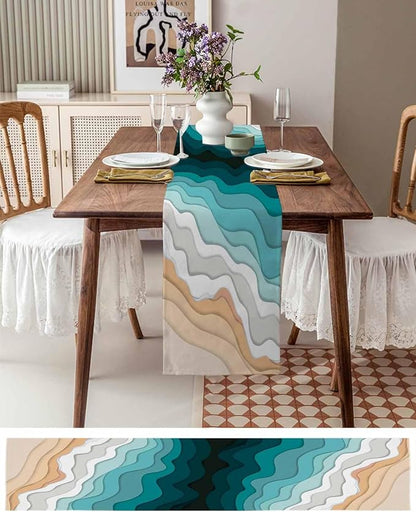 Turquoise Geometric Beach Table Runners 90 Inches Long, Cotton Linen Fabric - Image 6