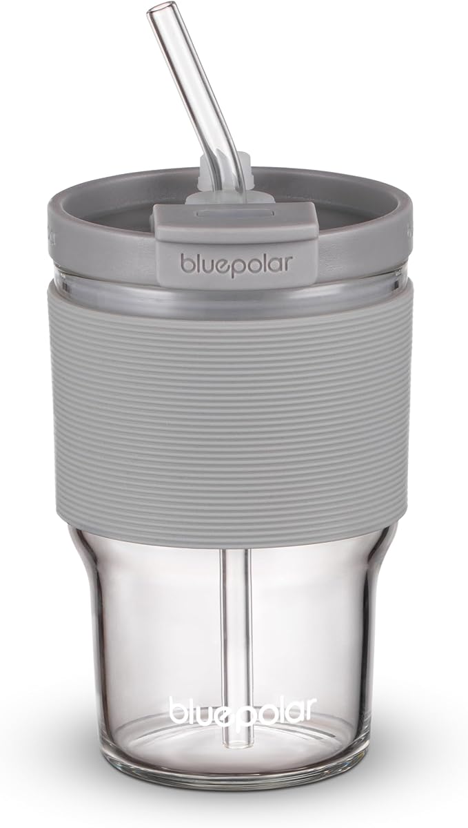 Glass Cups with Lids and Straws, 16oz/480ml Reusable Iced Coffee Glasses & by BLUEPOLAR