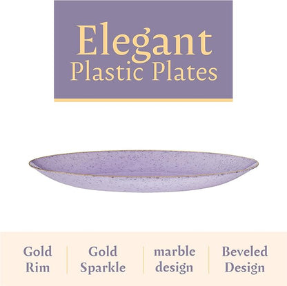 PLASTICPRO 30 Pack Disposable Plastic Plates Heavyweight Granite Look Elegant 9 inch Dinner Plates Purple with Gold Rim