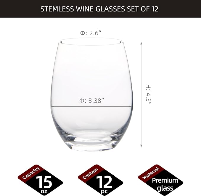 FAWLES Stemless Wine Glasses Set of 12, 15 Ounce Smooth Rim Standard Wine Glass - Image 2