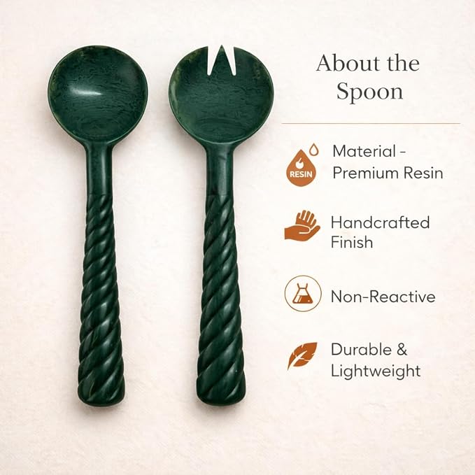 SS CRAFTS INDIA Premium 12.5" Forest Green Marbled Resin Salad Servers | Set of - Image 7