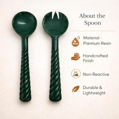 SS CRAFTS INDIA Premium 12.5" Forest Green Marbled Resin Salad Servers | Set of - Image 7