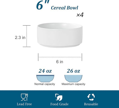 26 OZ Ceramic Cereal Bowls Set, 6 Inch, Modern White | Handcrafted, Dishwasher - Image 3
