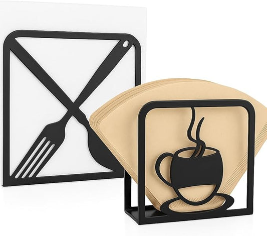 2-Pack Decorative napkin holder for table & coffee filter holder Set – Black cocktail napkin holder – Fits Standard Napkins & coffee filter size #2 & #4