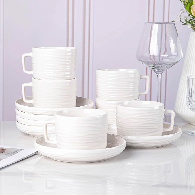 Tea Cups and Saucers Set, 8 OZ White Porcelain Coffee Cups | British Tea Set of - Image 4