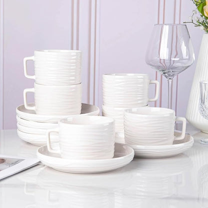 Tea Cups and Saucers Set, 8 OZ White Porcelain Coffee Cups | British Tea Set of - Image 4