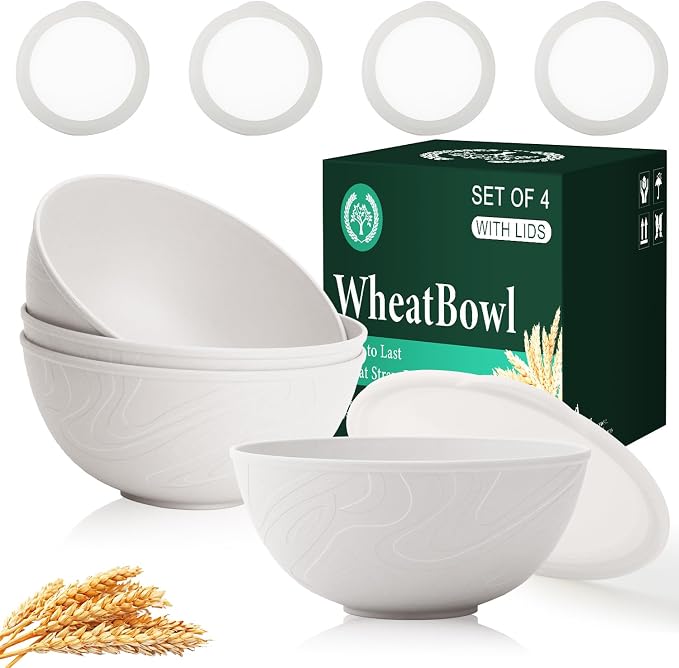 Wheat Straw Cereal Bowls with Lids, Unbreakable Plastic Bowls Set of 4 by HOMIENLY