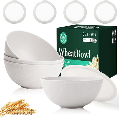 Wheat Straw Cereal Bowls with Lids, Unbreakable Plastic Bowls Set of 4 by HOMIENLY