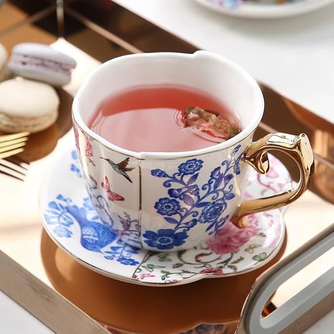 KAMMAK Tea Cups and Saucers Set of 2, 8 oz Porcelain Coffee Cups, YX018 | - Image 5