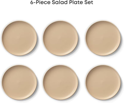 JoyJolt Mesa Stoneware Salad Plates, 8" Round Lunch Plates, Dishwasher and Microwave Safe Plate Set of 6, Modern Rustic Dinnerware, Appetizer Dessert or Dinner Sides Kitchen Dishes - Matte Beige