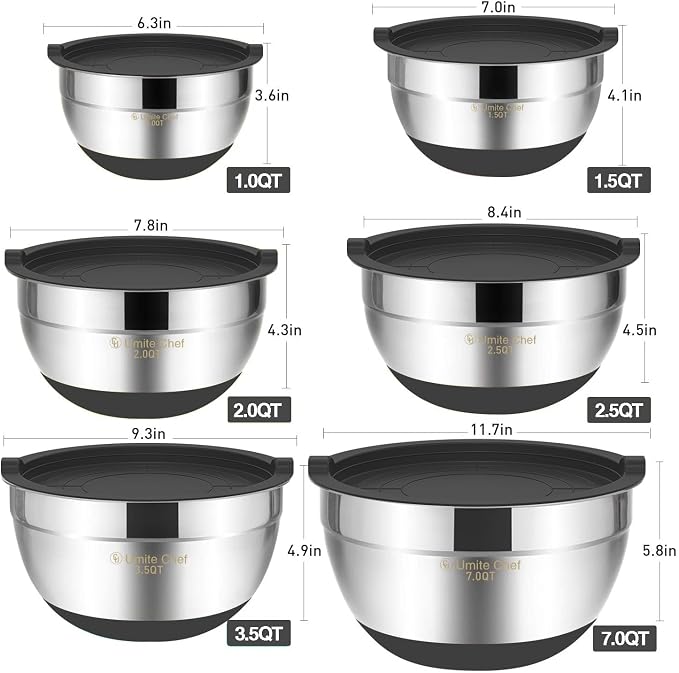 Umite Chef Mixing Bowls with Airtight Lids，6 piece Stainless Steel Metal - Image 5