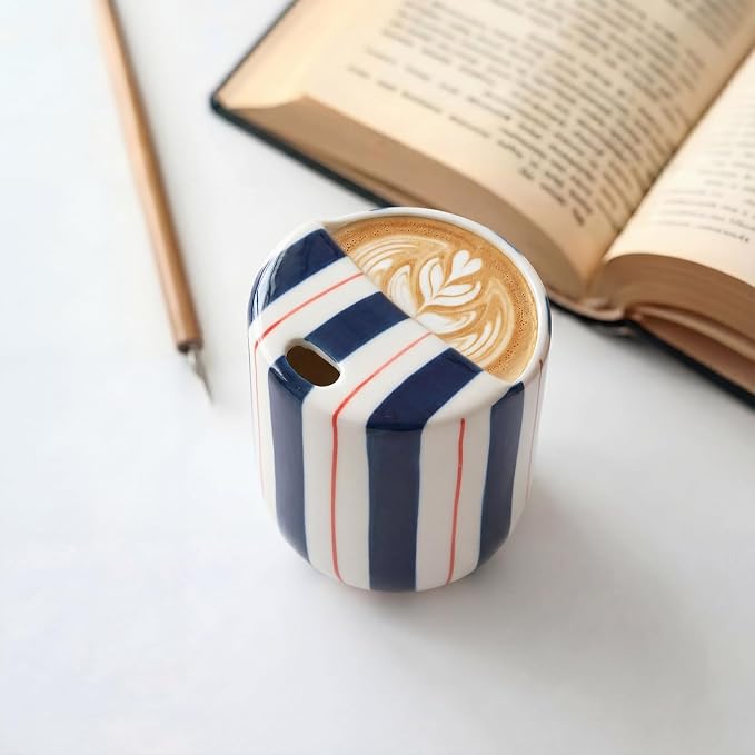 Ceramic Mug with Sip Hole 10 oz Novelty Deep Blue Red Striped Ceramic Coffee - Image 4