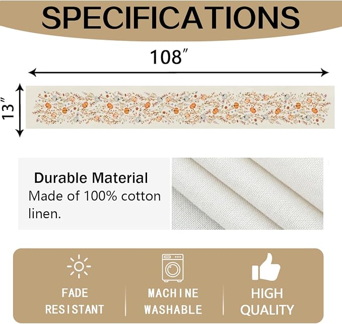 RABUSOFA Fall Table Runner 13x108 Inch Pumpkins Fall Decor - Image 8