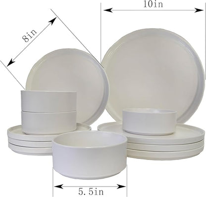 12-Piece Porcelain Scratch Resistant Plates and Bowls Sets, Service for 4 Stoneware Dinnerware Sets, Ceramic Plates and Bowls Dishes Sets, White - Microwave and Dishwasher Safe