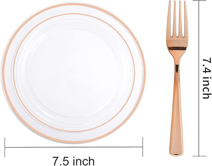 I00000 72 Pcs Rose Gold Plastic Dessert Plates7.5& 70 Pcs Plastic Forks7.4, Premium Salad Plates, Heavy Duty Disposable Plate for Party,Disposable Appetizer Plates Great for Wedding