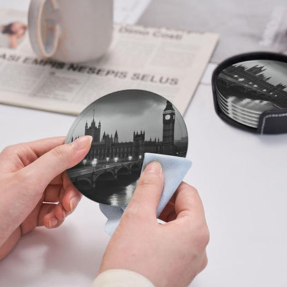 6Pcs PU Leather Coaster for Drinks, London Cup Coasters - Image 4