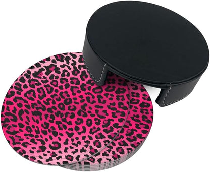 6 Pcs Pink Leopard Print Leather Coasters - Image 4