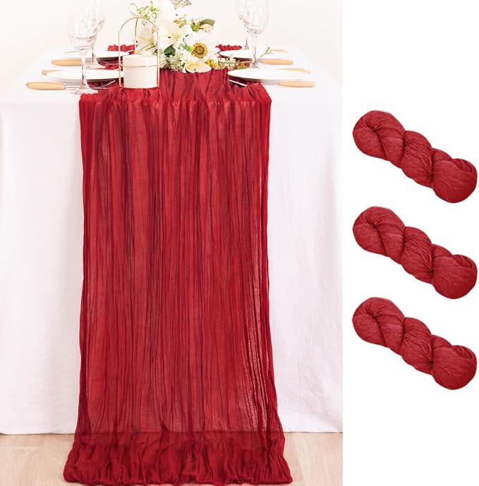 3 Pack Red Cheesecloth Table Runner 10ft Boho Gauze Annniversary Decor | by MLMC