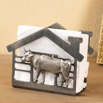 Metal Napkin Holder for Table, Antique Cow Farm Style, Rustic Vertical Tissue Napkins Holder for Paper Napkins (Cow/Black)
