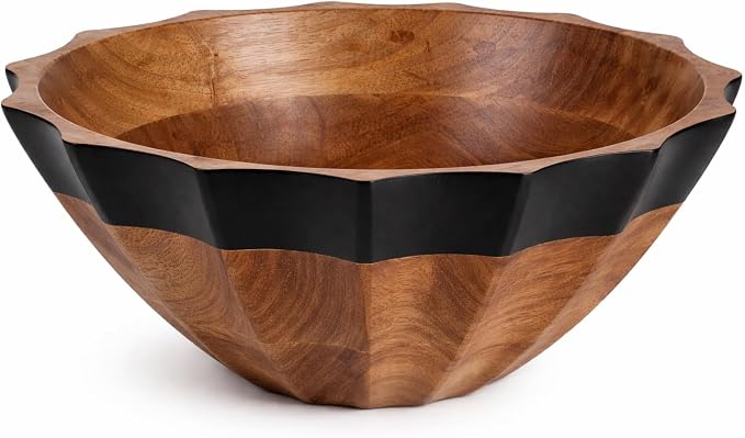 Folkulture Black Wave Salad Bowl | 11” Large Mango Wood Serving Bowl by FOLKULTURE