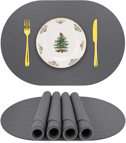 Silicone Placemats, Oval Placemats for Dining Table, Placemats Set of 4, Non-Slip Waterproof Heat Resistant Outdoor Table Mat for Patio Table (Dark Gray-Oval)