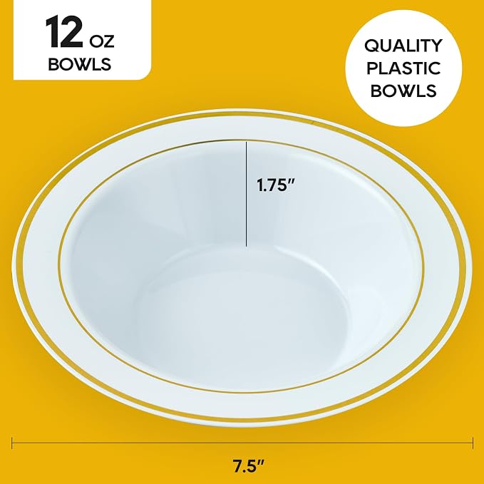 100PCS Plastic Bowls with Gold Rim 12oz Disposable Soup Bowls | Plastic Bowls - Image 3