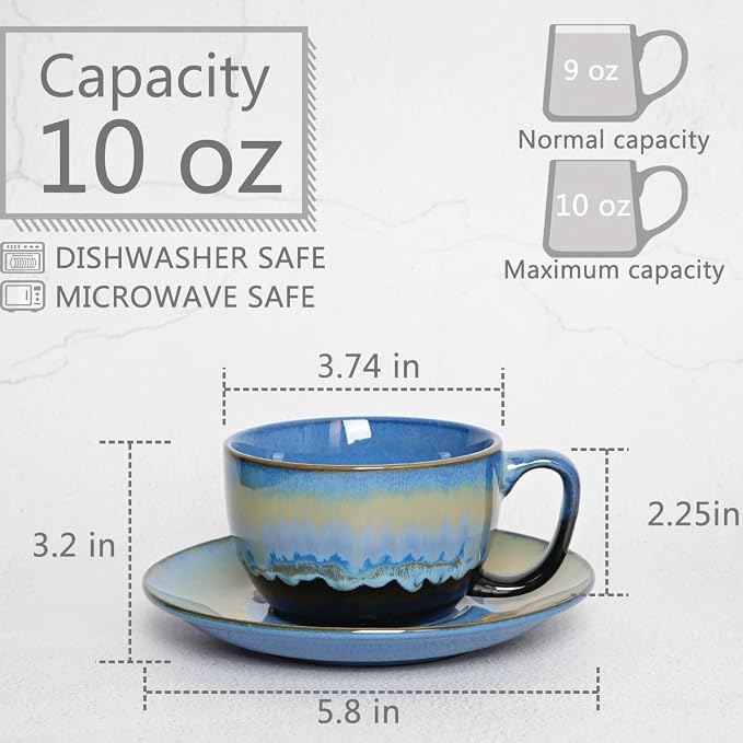 Bosmarlin Ceramic Cappuccino Cup and Saucer Set of 2, 10 Oz, Dishwasher and - Image 2