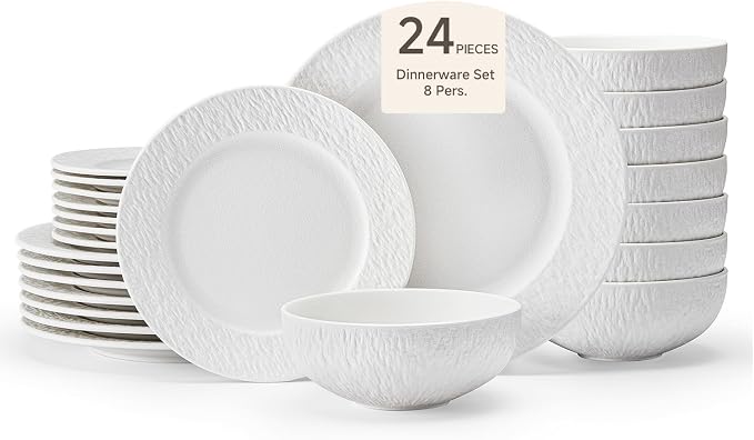 Dinnerware Sets for 8, 24-Piece plates and bowls sets, Matte Marble | Premium by KINGSTONE