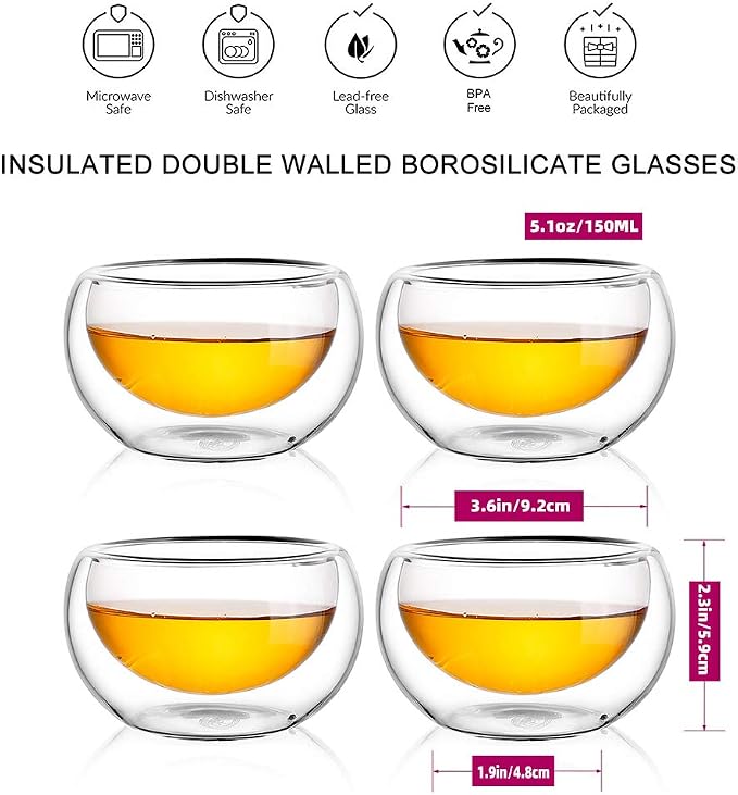 CNGLASS Tea Cups Set of 4 Double Wall Glass Tea Cup, 5.1oz Asian Insulated - Image 2