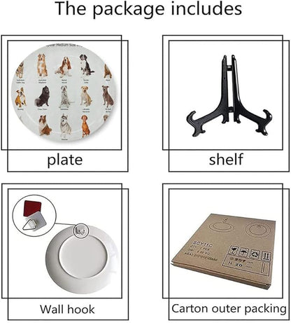 Ceramic Display Plate, Dog Ceramic Hanging Decorative Plate, AGroup of Different Puppy Breeds Family Type Species, 7 Inch, Living Room Kitchen Decoration Household, Multi