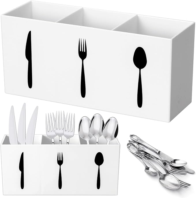Suzile Acrylic Cutlery Storage Organizer Bin Silverware Caddy Countertop Knife Spoon and Fork Holder Kitchen 3 Section Tableware Storage Box for Cabinet Indoor Home Flatware Dining Room(White,L)