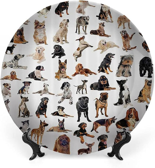 Decorative Plates, Dog Lover Print Ornament, Austratlian Shepherd Pet Italian Mastiff, 10 Inch, 1 Plate with 1 Display Stand, Brown Black
