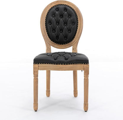 Ball & Cast French Vintage Upholstered Dining Chairs Set of 2, Button Tufted Kitchen Side-Chairs with Carved Antique Wood Frame & Nailhead Trims, PU-Leather Curved Backrest Louis Chair, PU Black