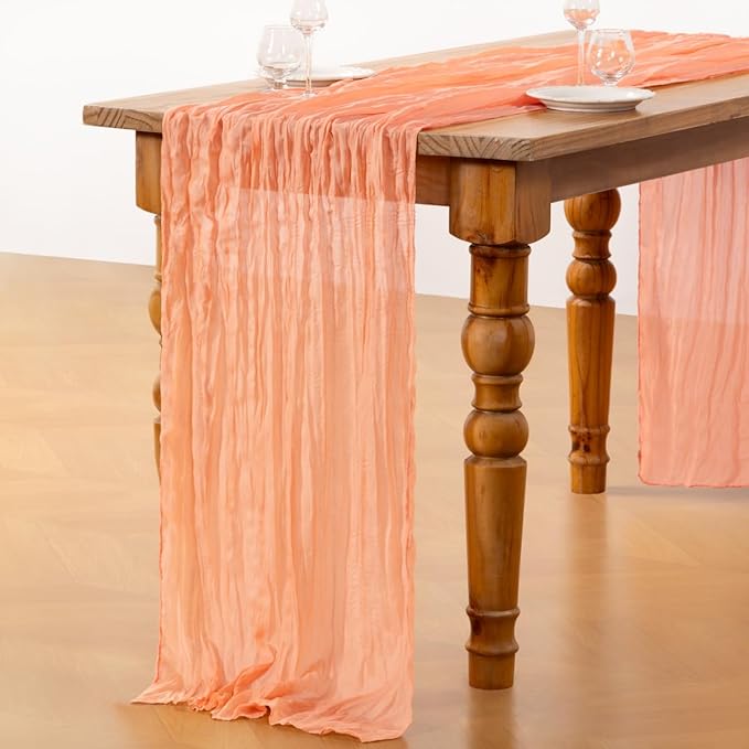 DeZerlor Peach Cheesecloth Table Runners 6 Pack Summer Boho Runners | 120Inches - Image 5