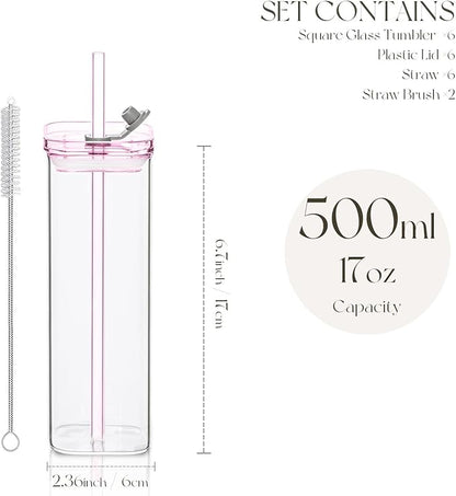 6PCS Pink Square Drinking Glass Cups, 17 Oz Modern Glassware with Lids & Straws - Old Fashioned Cocktail Glasses for Juice, Iced Coffee, Bubble Tea, Party Drinkware