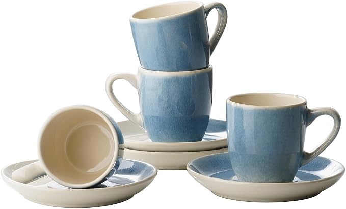 famiware 3oz Espresso Cups and Saucers, Azure Blue | Ceramic Small Coffee Mug by Famiware